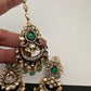 Kundan Color Stone Color Beads Victorian Finish Earrings with Maang Teeka - Green
