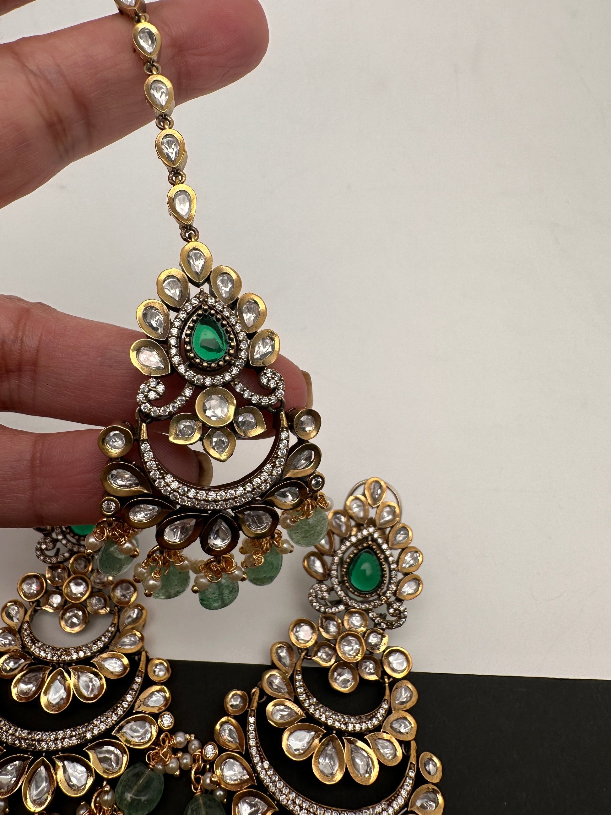 Kundan Color Stone Color Beads Victorian Finish Earrings with Maang Teeka - Green