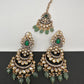 Kundan Color Stone Color Beads Victorian Finish Earrings with Maang Teeka - Green
