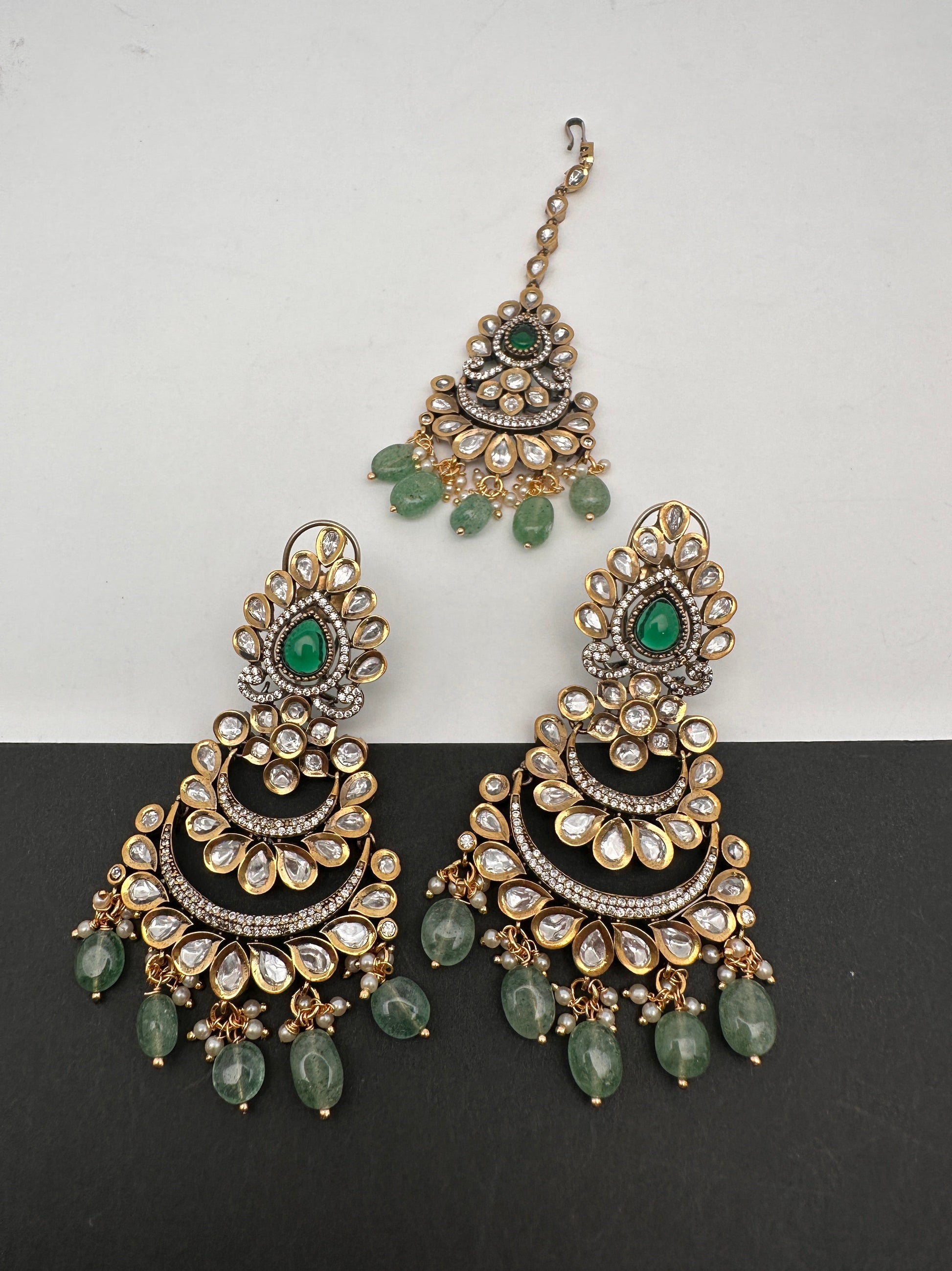 Kundan Color Stone Color Beads Victorian Finish Earrings with Maang Teeka - Green
