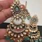 Kundan Color Stone Color Beads Victorian Finish Earrings with Maang Teeka - LightGreen