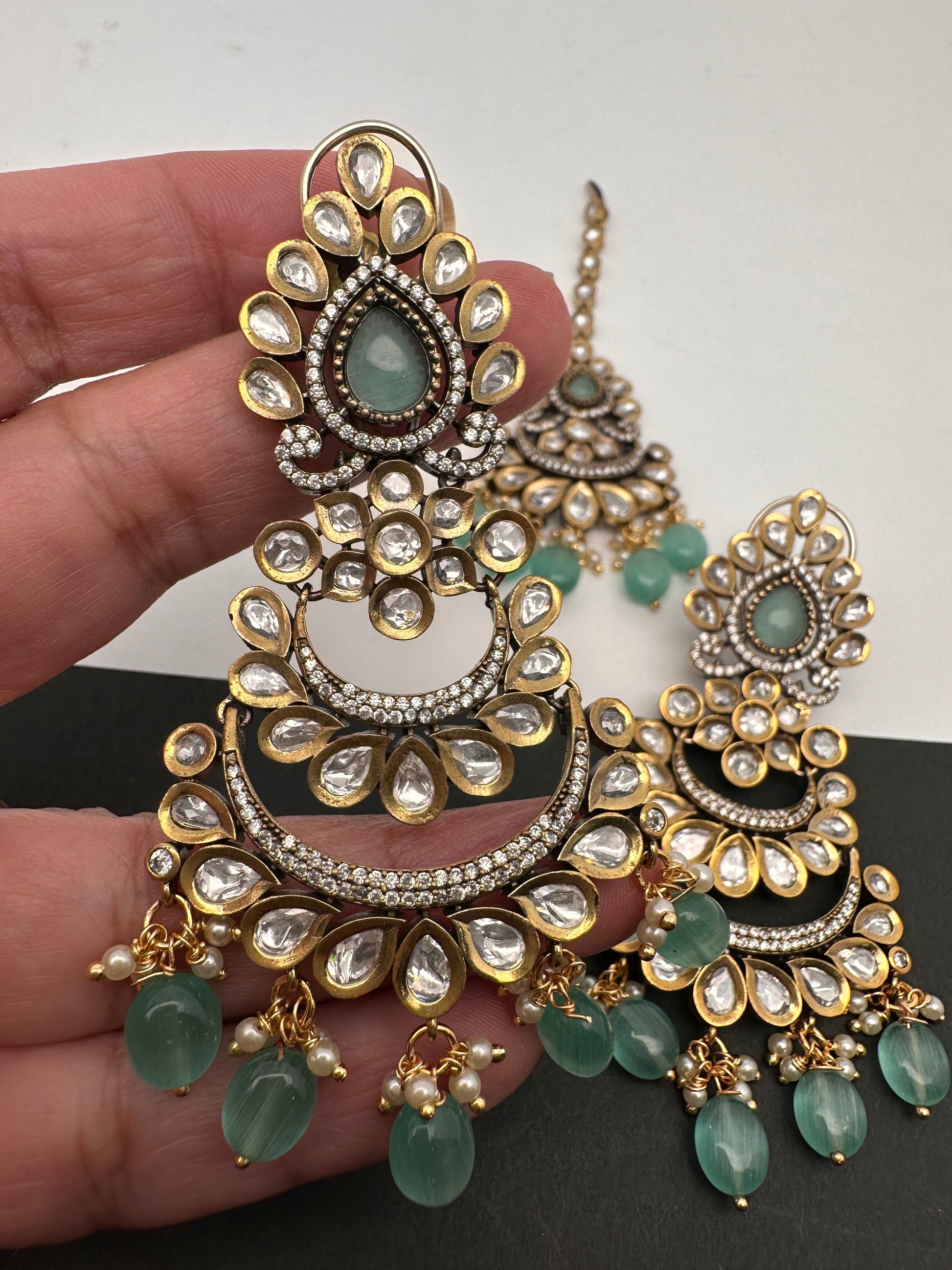 Kundan Color Stone Color Beads Victorian Finish Earrings with Maang Teeka - LightGreen
