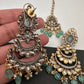 Kundan Color Stone Color Beads Victorian Finish Earrings with Maang Teeka - LightGreen