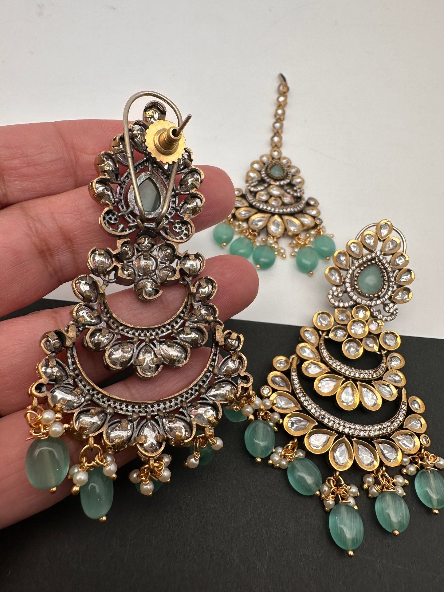Kundan Color Stone Color Beads Victorian Finish Earrings with Maang Teeka - LightGreen