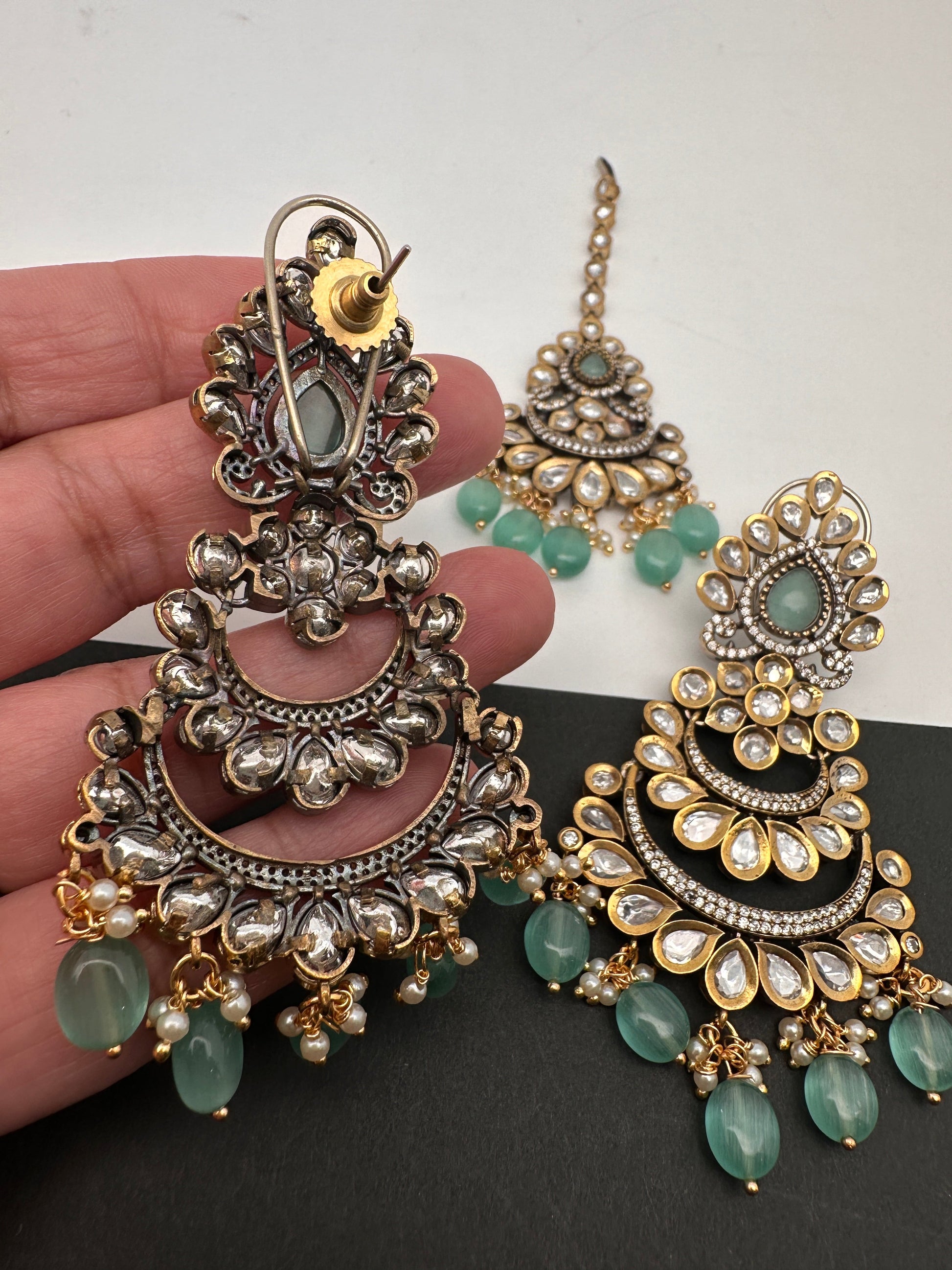 Kundan Color Stone Color Beads Victorian Finish Earrings with Maang Teeka - LightGreen