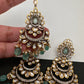 Kundan Color Stone Color Beads Victorian Finish Earrings with Maang Teeka - LightGreen