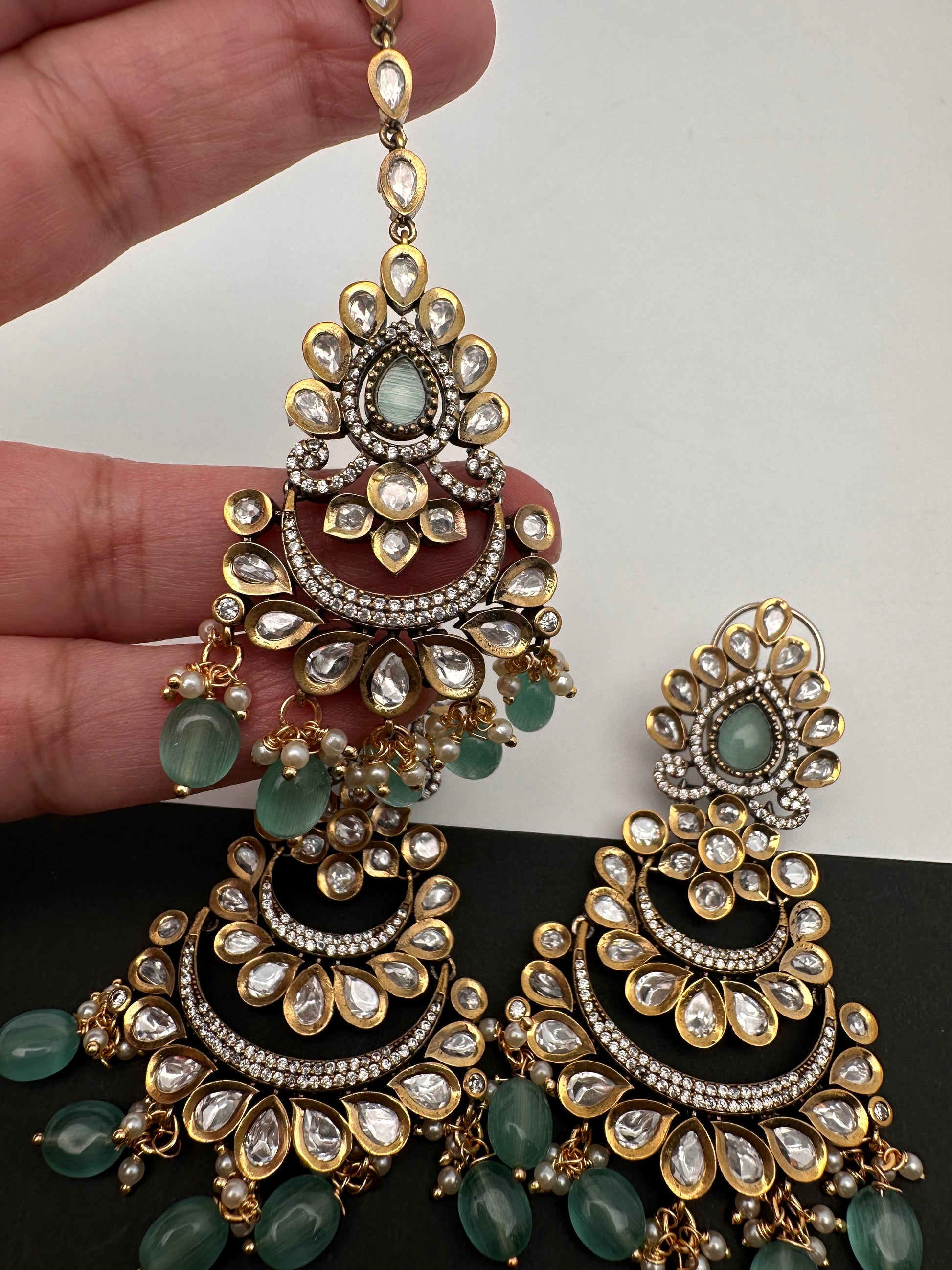Kundan Color Stone Color Beads Victorian Finish Earrings with Maang Teeka - LightGreen