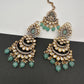 Kundan Color Stone Color Beads Victorian Finish Earrings with Maang Teeka - LightGreen
