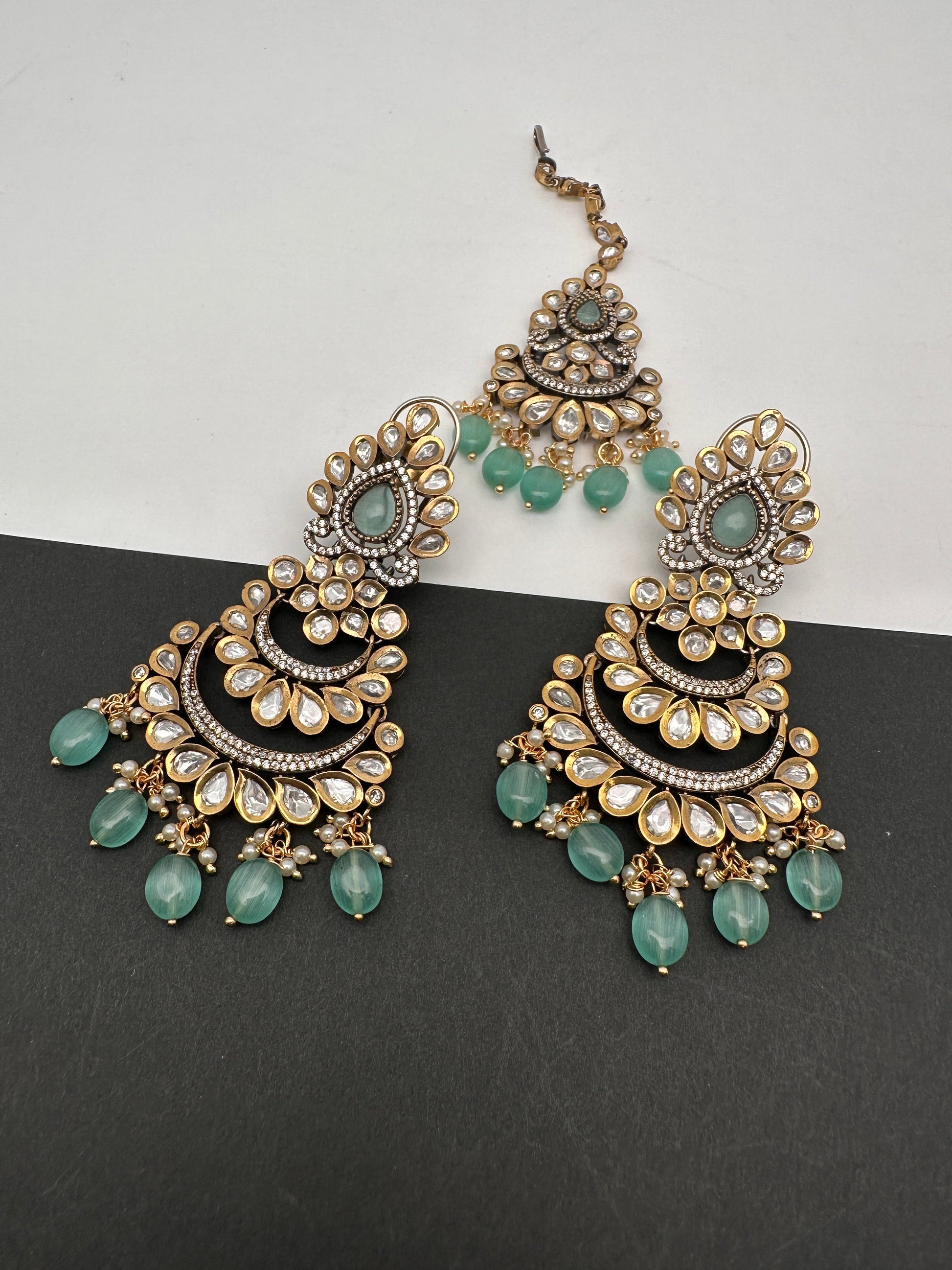 Kundan Color Stone Color Beads Victorian Finish Earrings with Maang Teeka - LightGreen