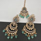 Kundan Color Stone Color Beads Victorian Finish Earrings with Maang Teeka - LightGreen