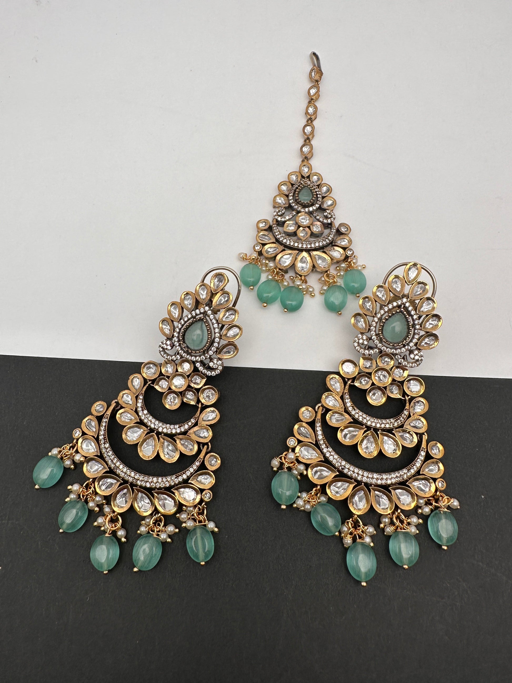 Kundan Color Stone Color Beads Victorian Finish Earrings with Maang Teeka - LightGreen