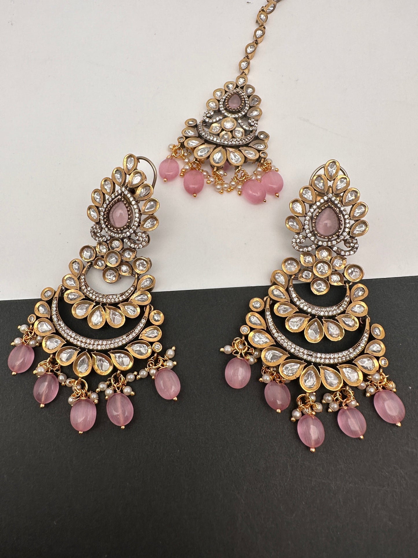 Kundan Color Stone Color Beads Victorian Finish Earrings with Maang Teeka - Pink
