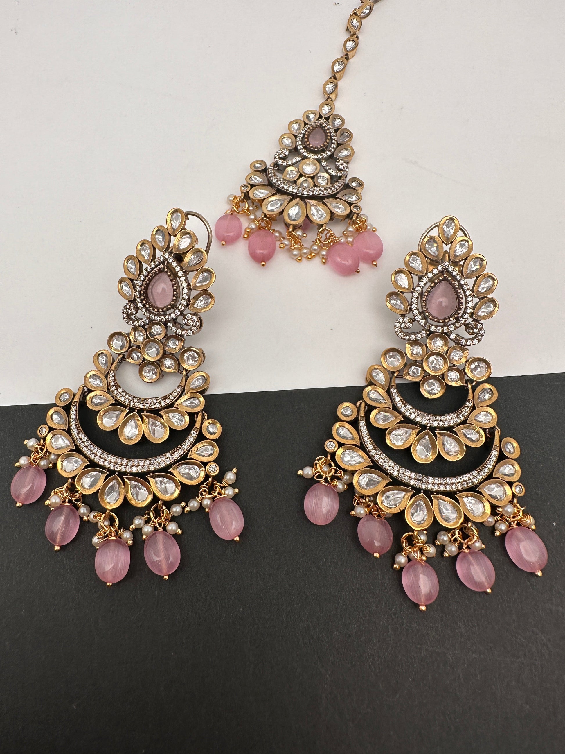 Kundan Color Stone Color Beads Victorian Finish Earrings with Maang Teeka - Pink
