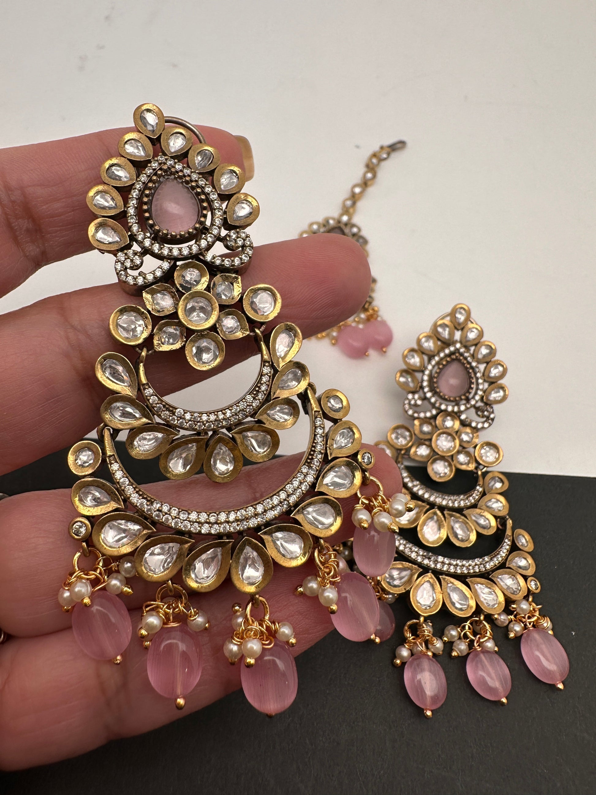 Kundan Color Stone Color Beads Victorian Finish Earrings with Maang Teeka - Pink