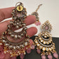 Kundan Color Stone Color Beads Victorian Finish Earrings with Maang Teeka - Pink