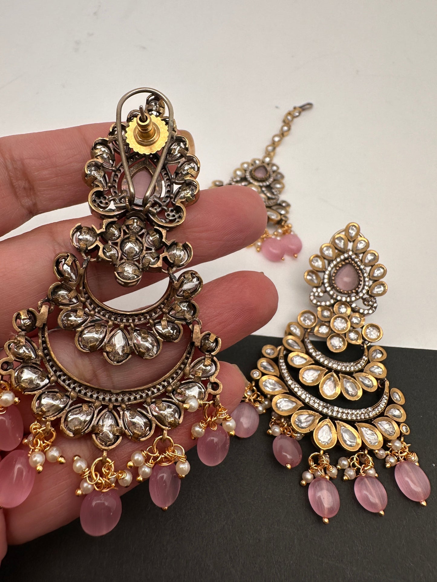 Kundan Color Stone Color Beads Victorian Finish Earrings with Maang Teeka - Pink