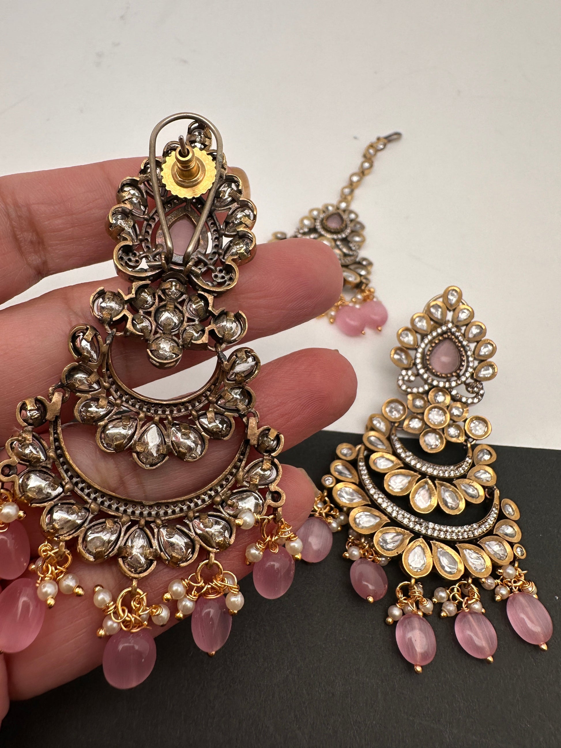 Kundan Color Stone Color Beads Victorian Finish Earrings with Maang Teeka - Pink