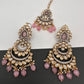 Kundan Color Stone Color Beads Victorian Finish Earrings with Maang Teeka - Pink