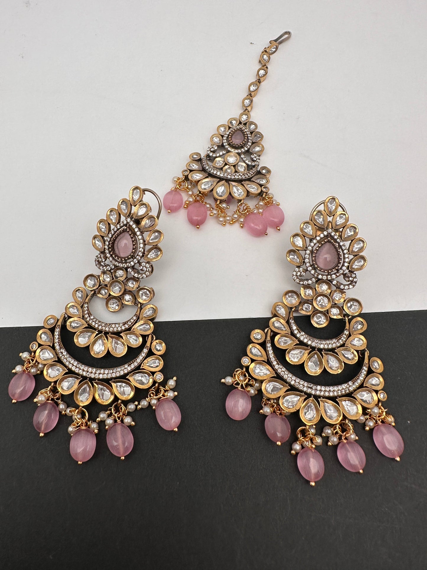 Kundan Color Stone Color Beads Victorian Finish Earrings with Maang Teeka - Pink