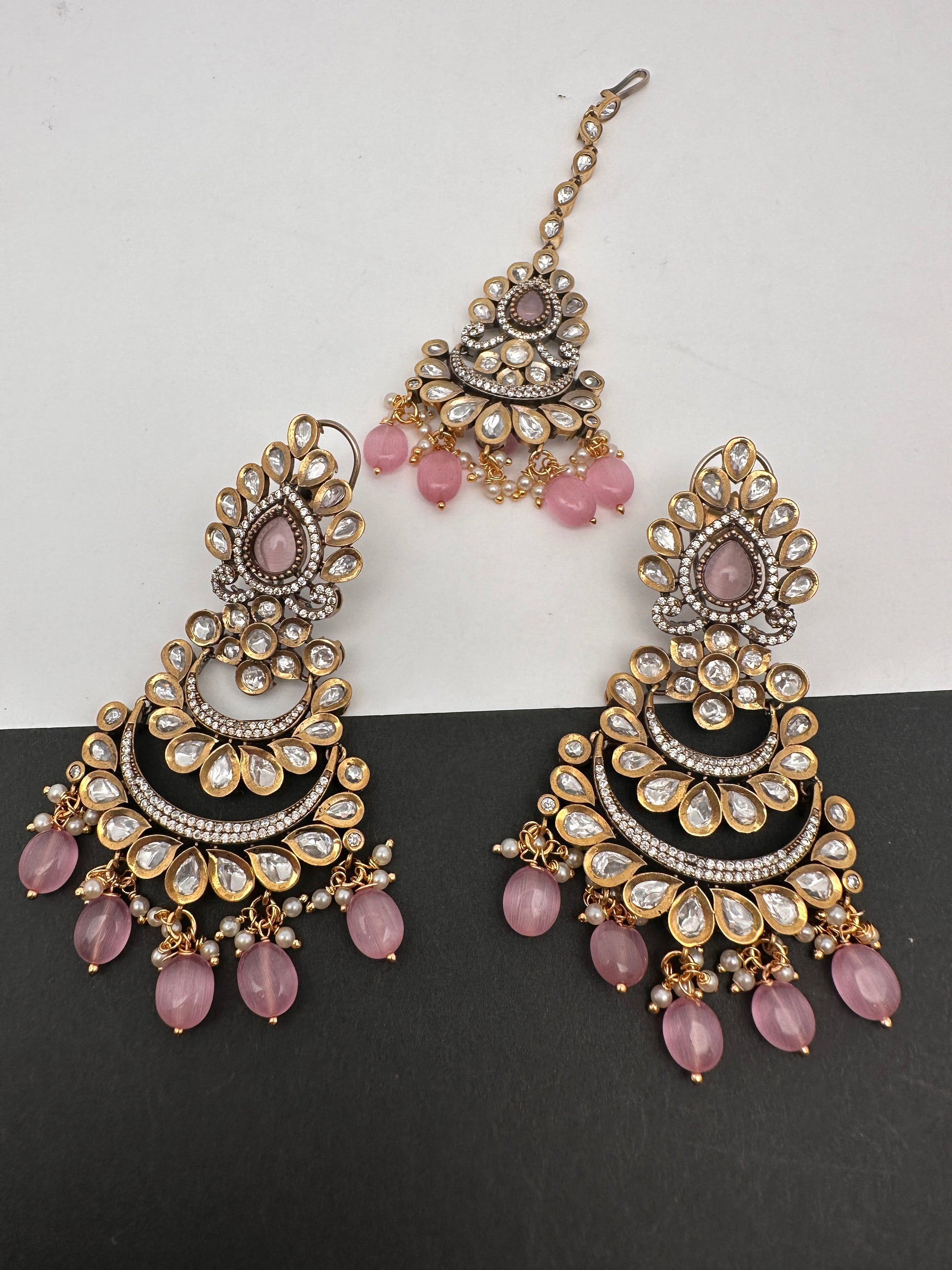 Kundan Color Stone Color Beads Victorian Finish Earrings with Maang Teeka - Pink