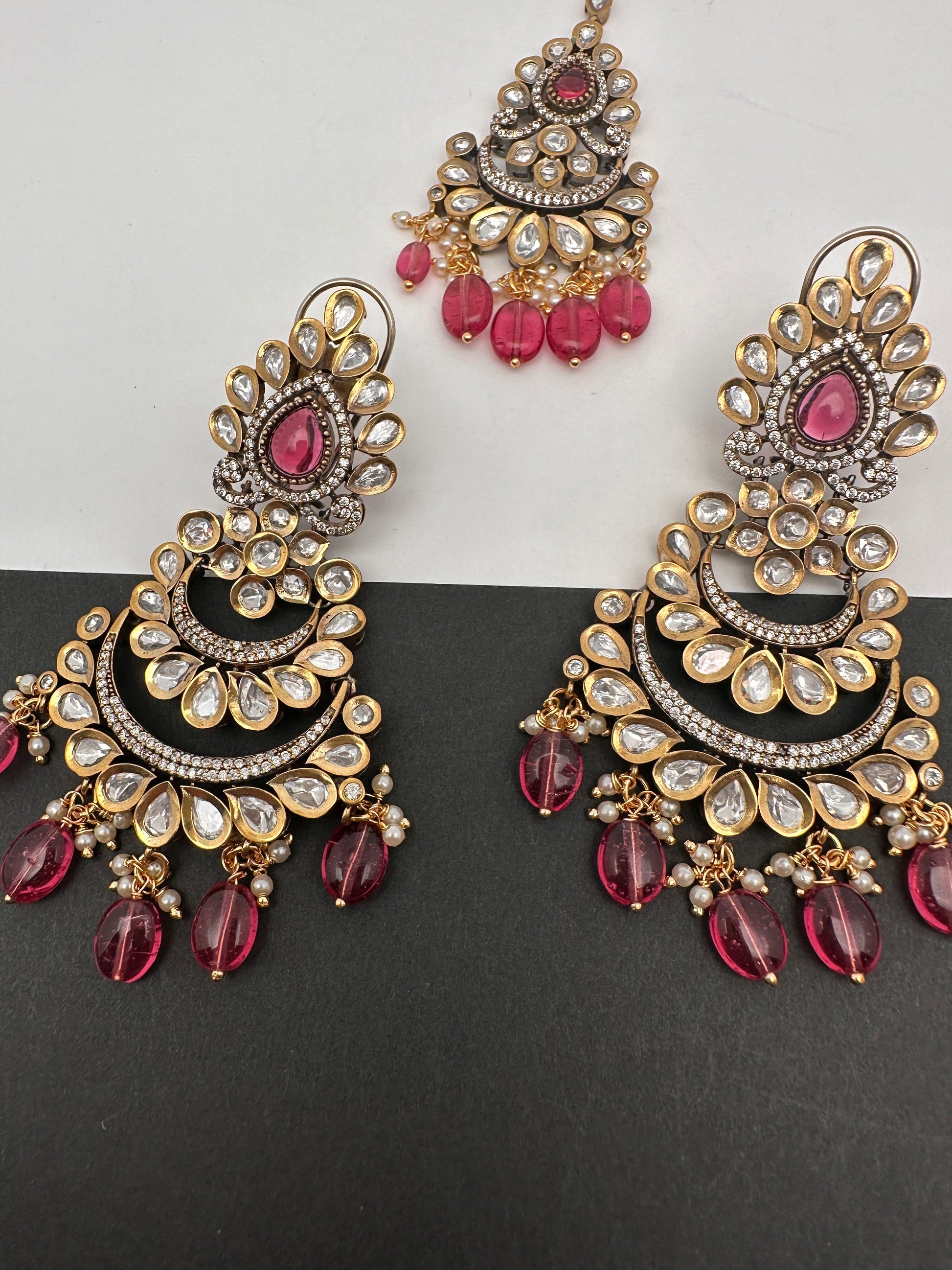 Kundan Color Stone Color Beads Victorian Finish Earrings with Maang Teeka - Red