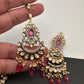 Kundan Color Stone Color Beads Victorian Finish Earrings with Maang Teeka - Red