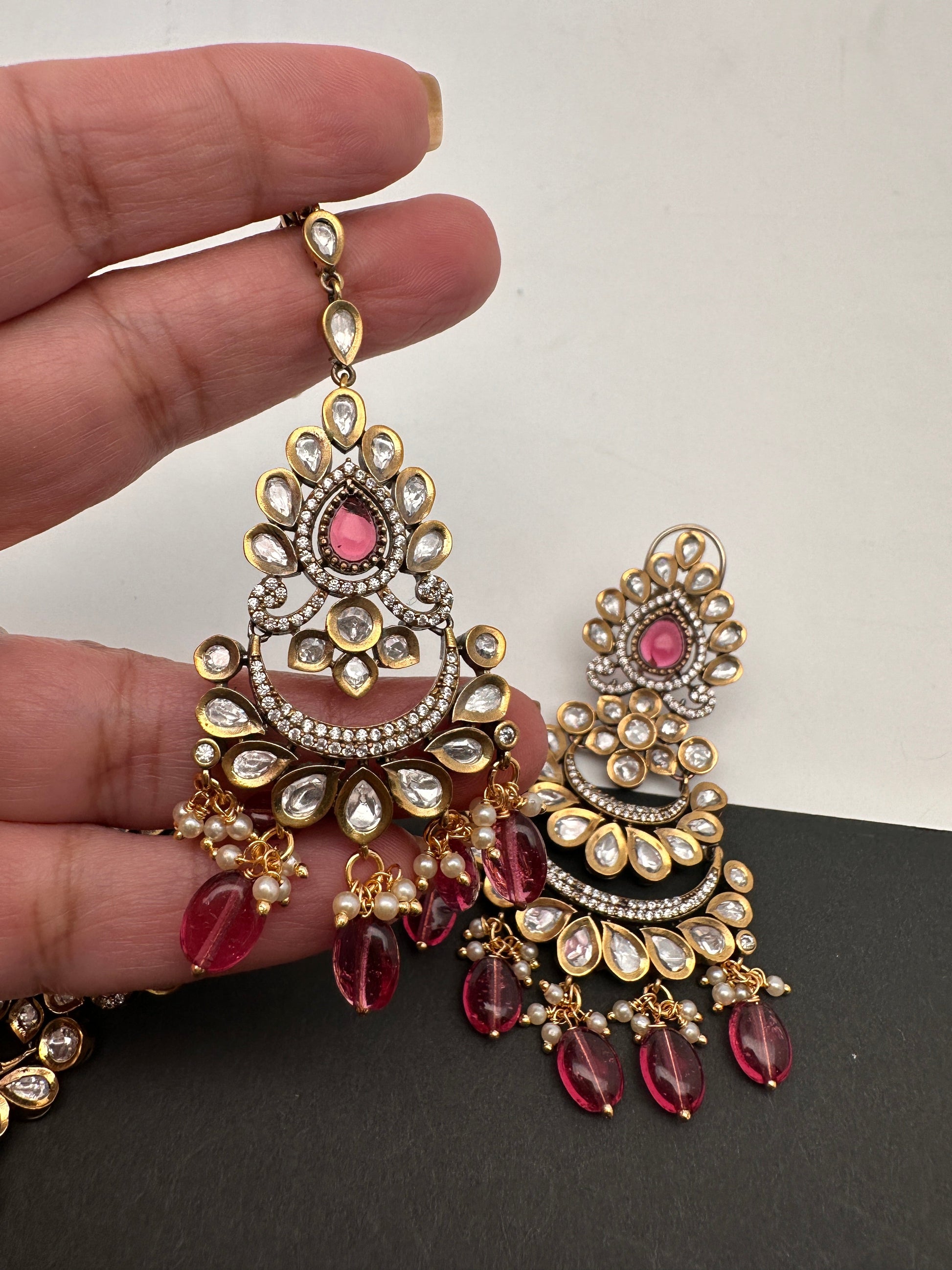 Kundan Color Stone Color Beads Victorian Finish Earrings with Maang Teeka - Red