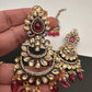Kundan Color Stone Color Beads Victorian Finish Earrings with Maang Teeka - Red