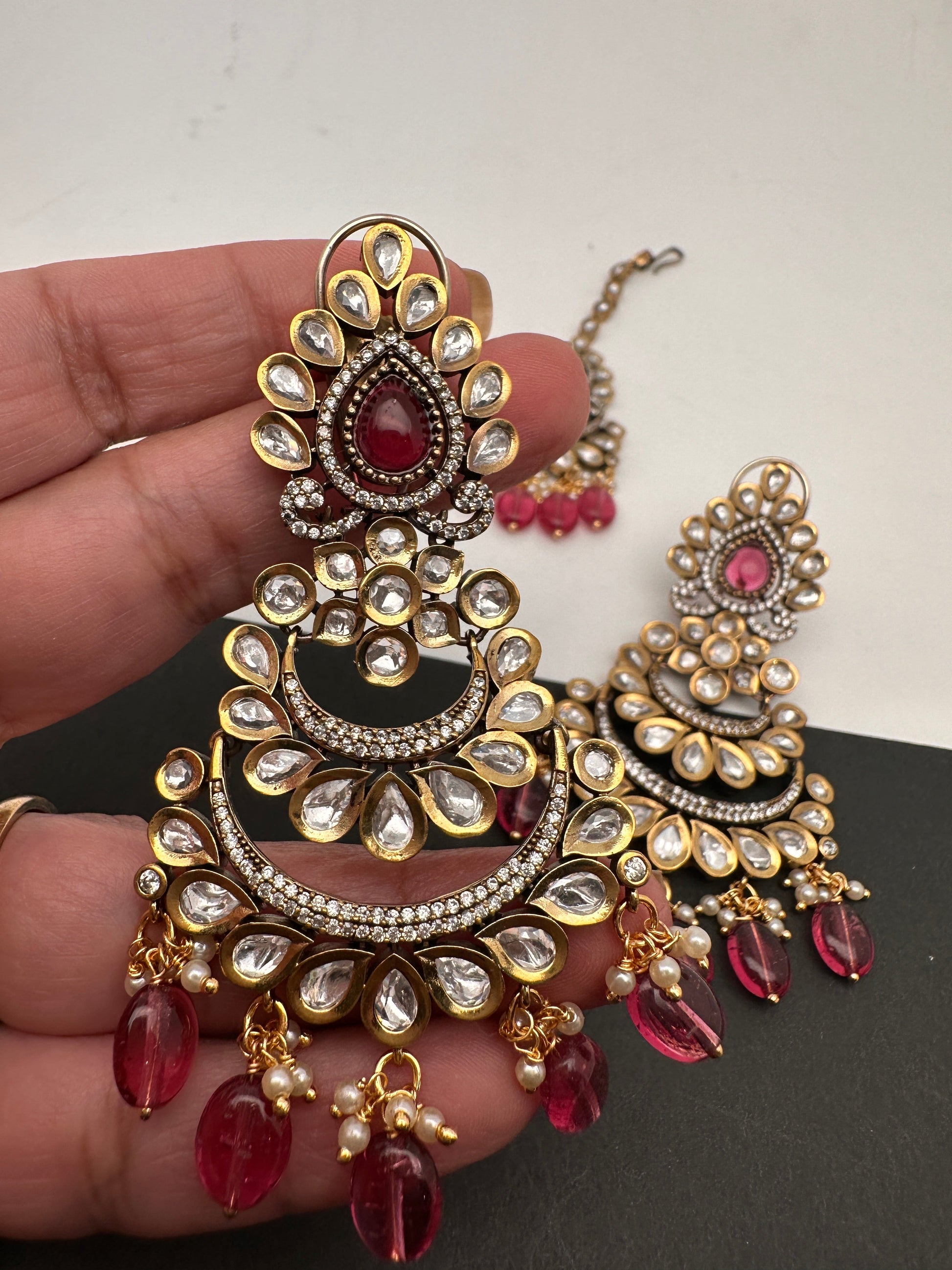 Kundan Color Stone Color Beads Victorian Finish Earrings with Maang Teeka - Red