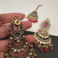 Kundan Color Stone Color Beads Victorian Finish Earrings with Maang Teeka - Red