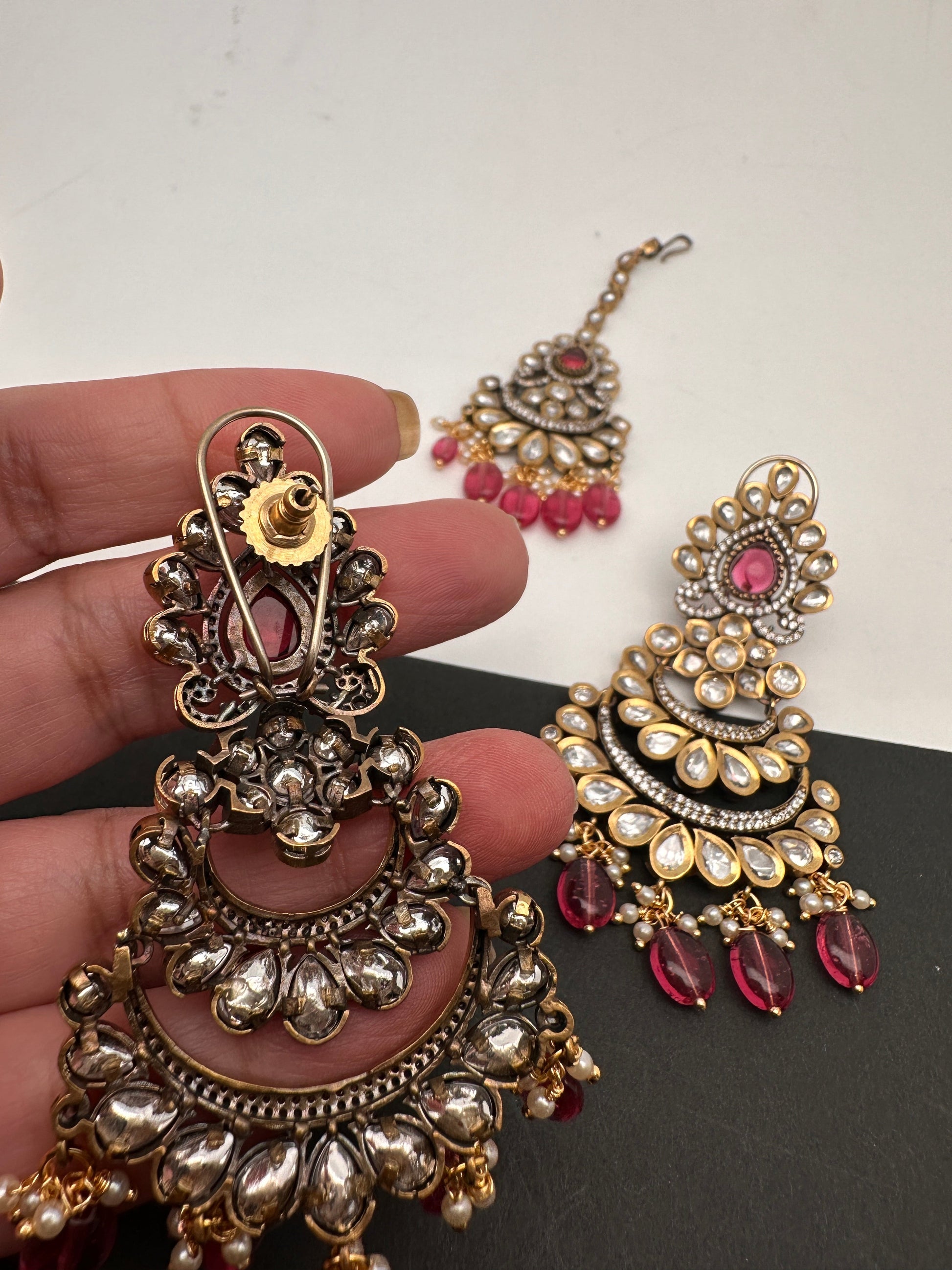 Kundan Color Stone Color Beads Victorian Finish Earrings with Maang Teeka - Red