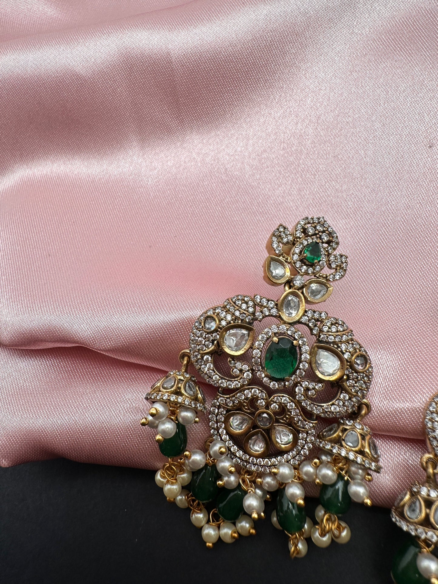 Elephant Kundan Moissanite Green Beads Victorian Finish Earings