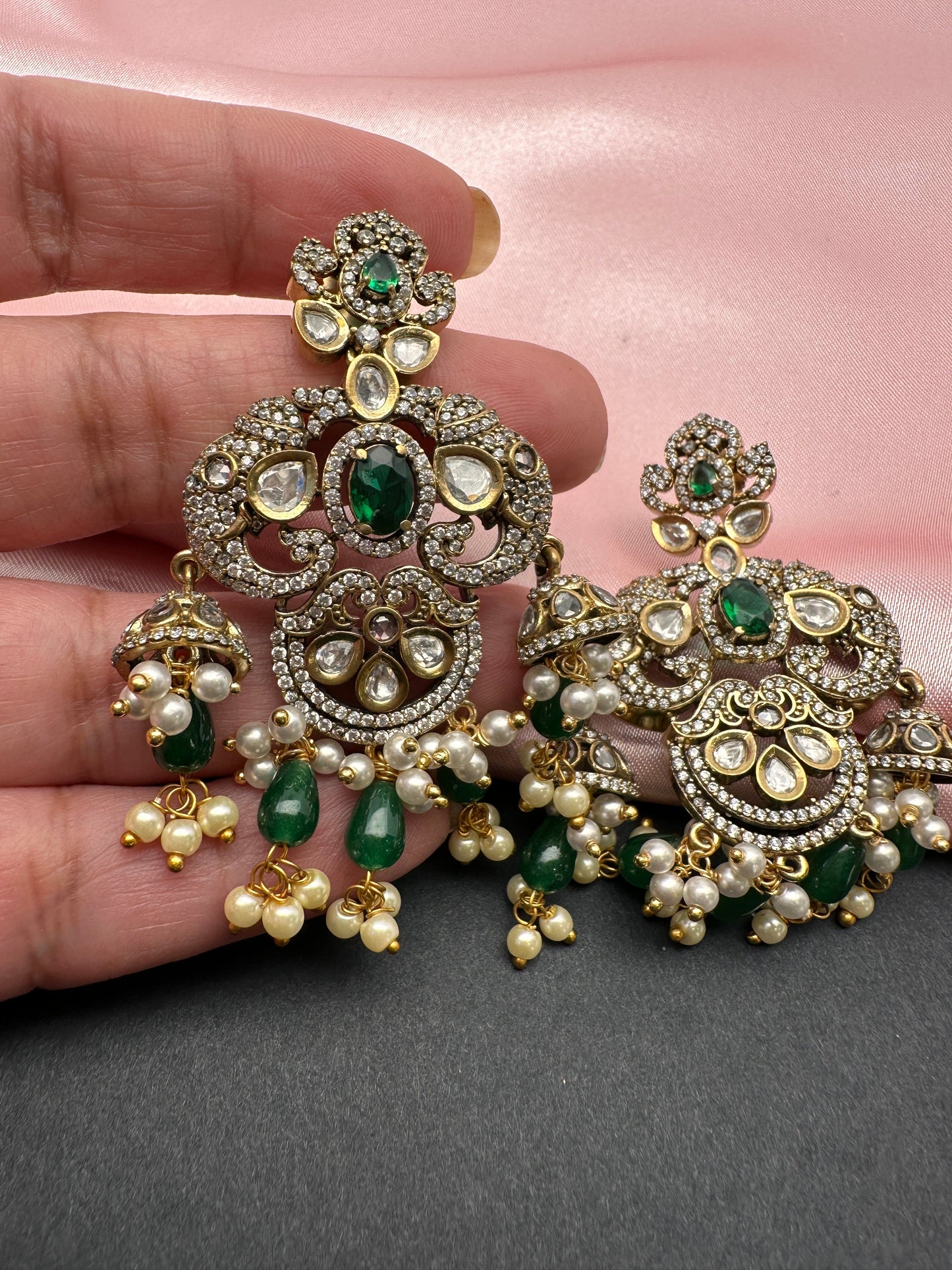 Elephant Kundan Moissanite Green Beads Victorian Finish Earings