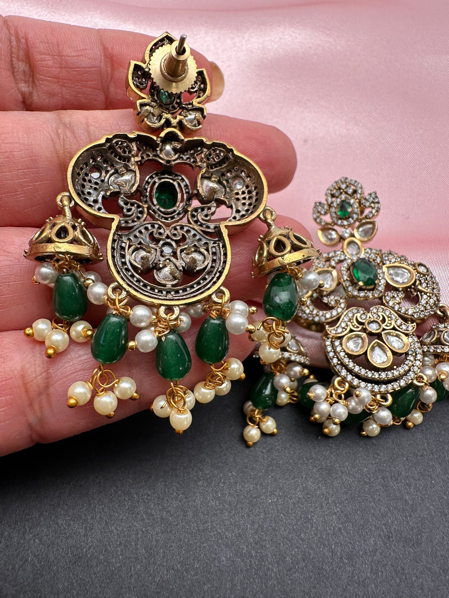 Elephant Kundan Moissanite Green Beads Victorian Finish Earings