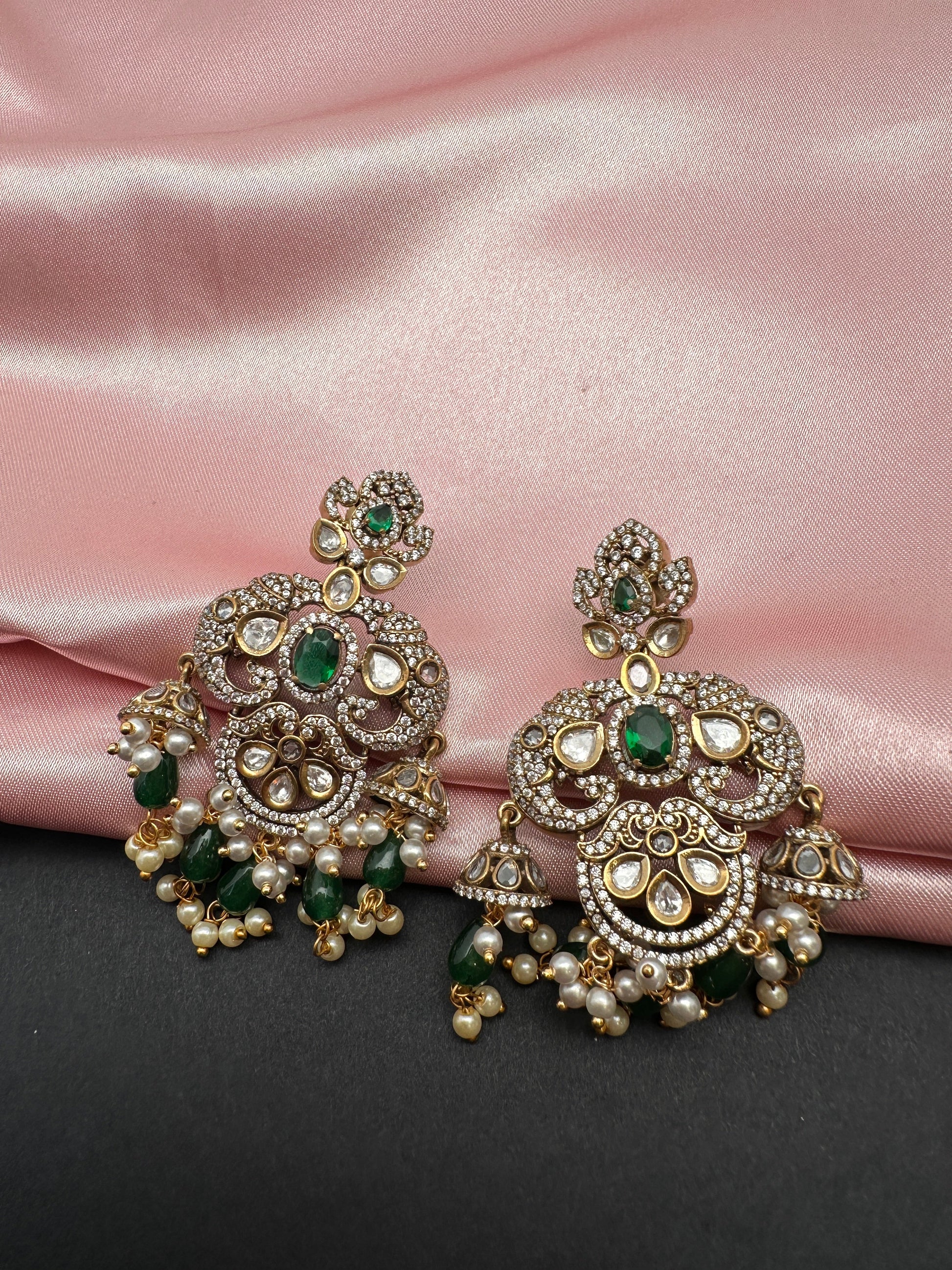 Elephant Kundan Moissanite Green Beads Victorian Finish Earings