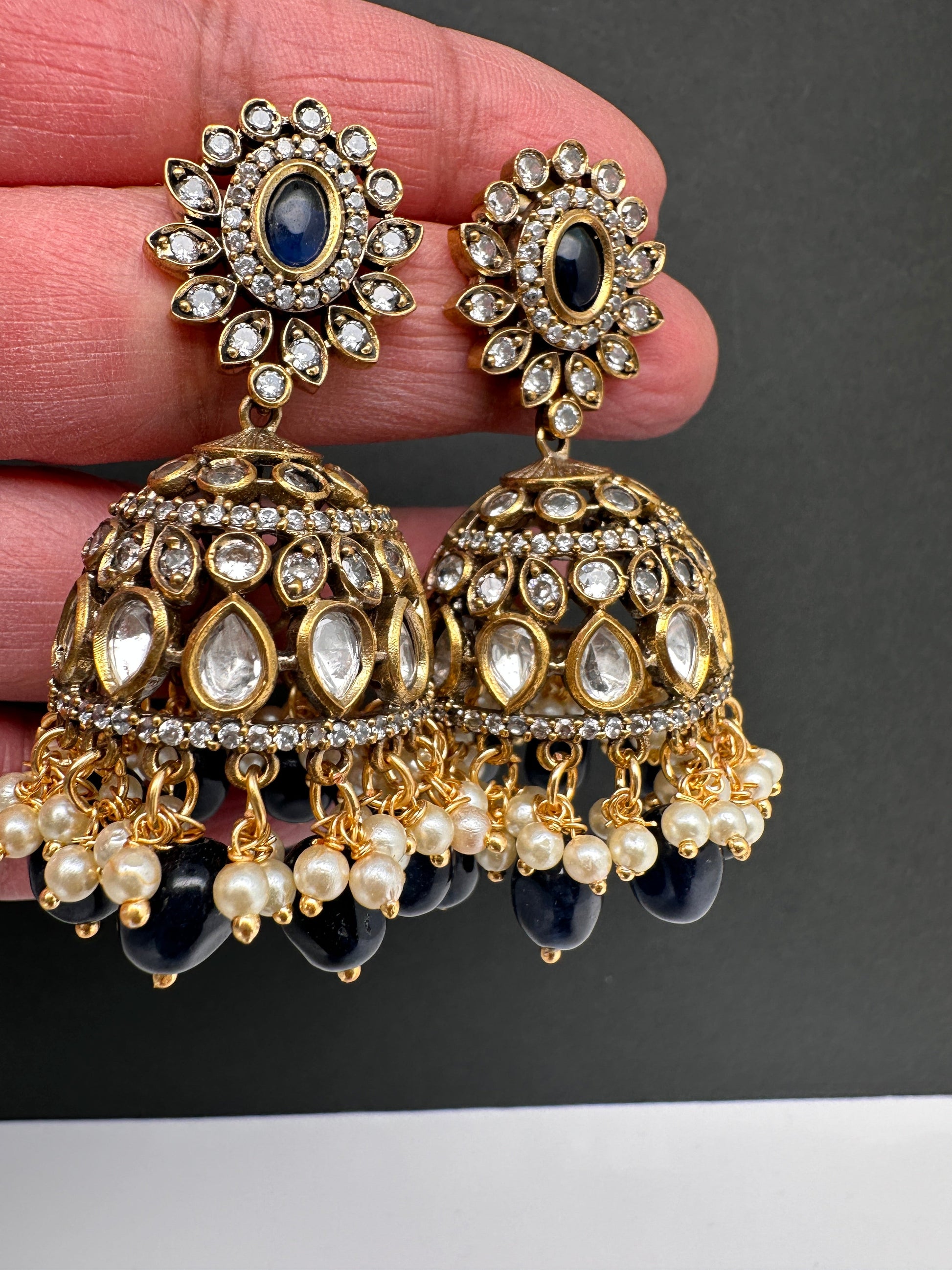 AD Color Stone Jhumki Earings - Blue
