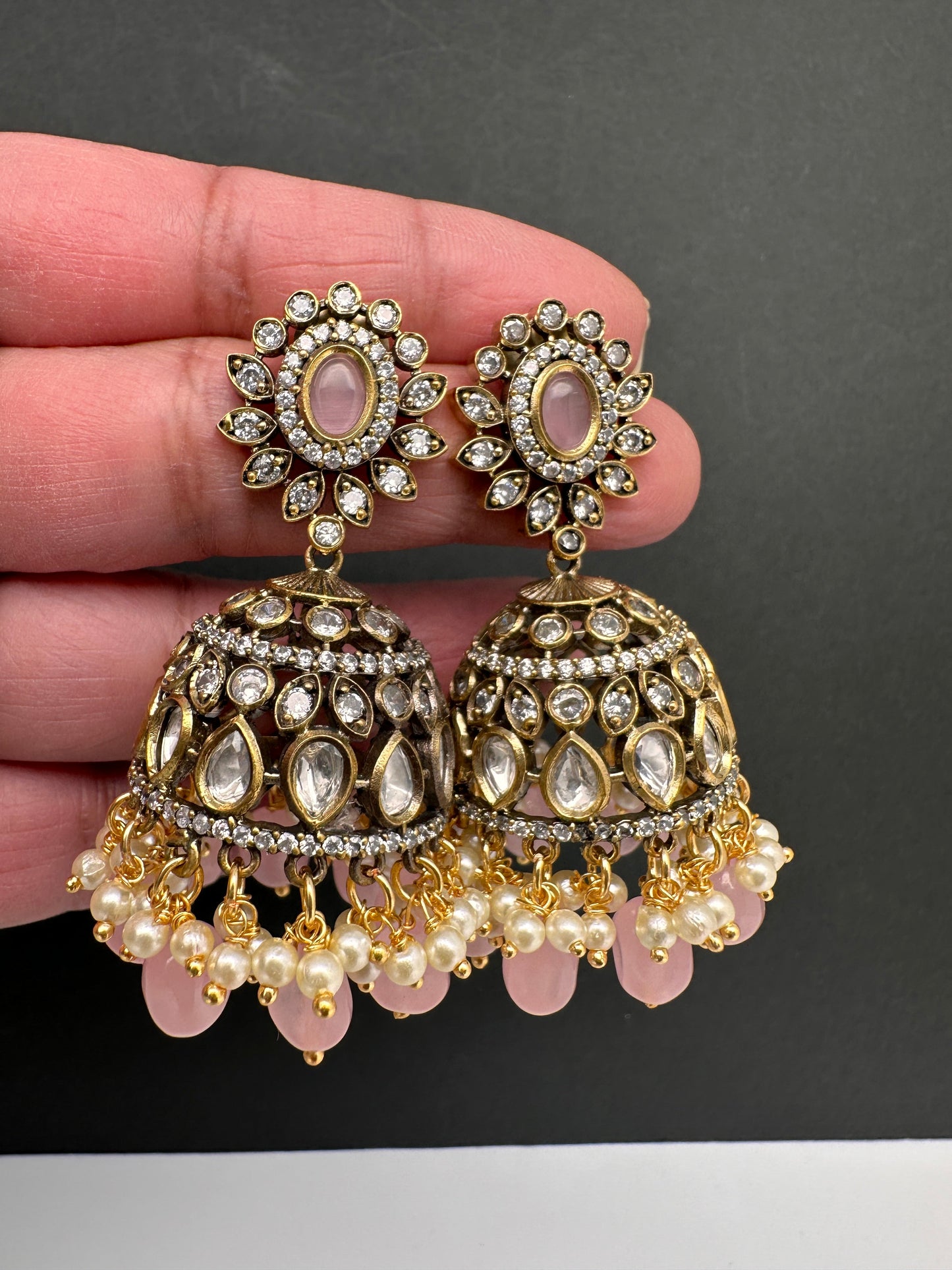 AD Color Stone Jhumki Earings - Pink