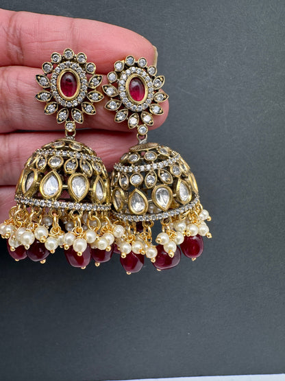 AD Color Stone Jhumki Earings - Red