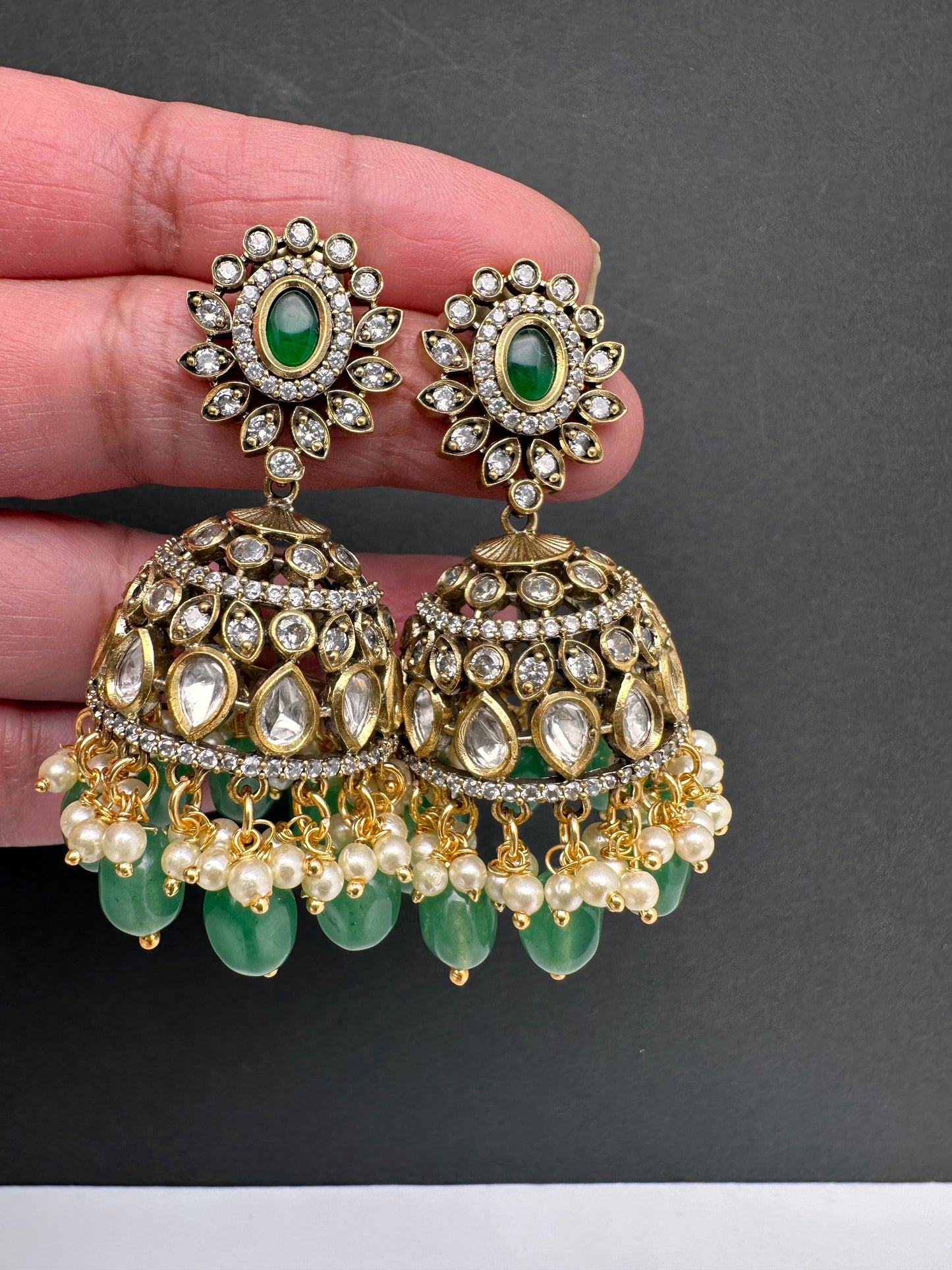 AD Color Stone Jhumki Earings - Green