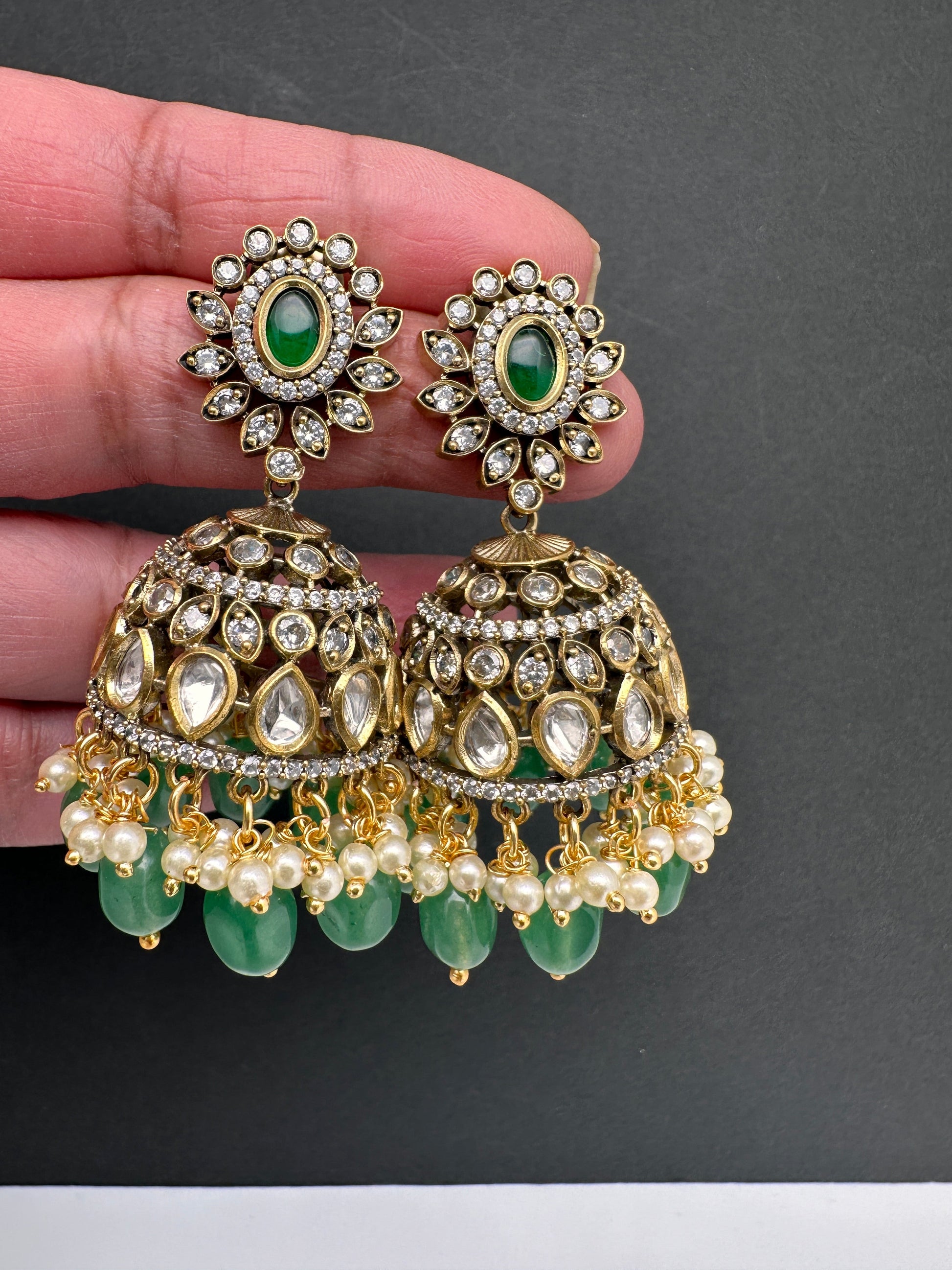 AD Color Stone Jhumki Earings - Green