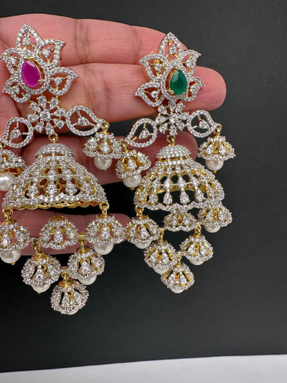 Diamond Color Stone Big Jhumki Earings - Green
