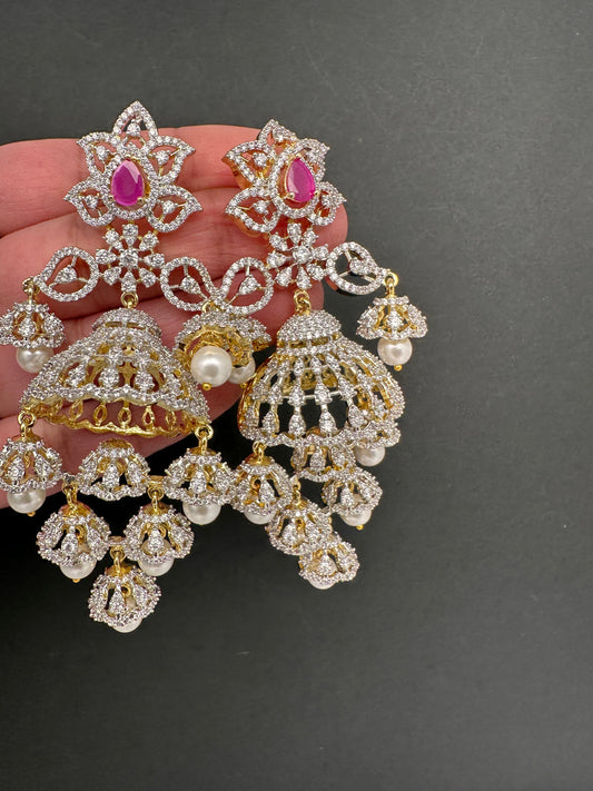 Diamond Color Stone Big Jhumki Earings - Red