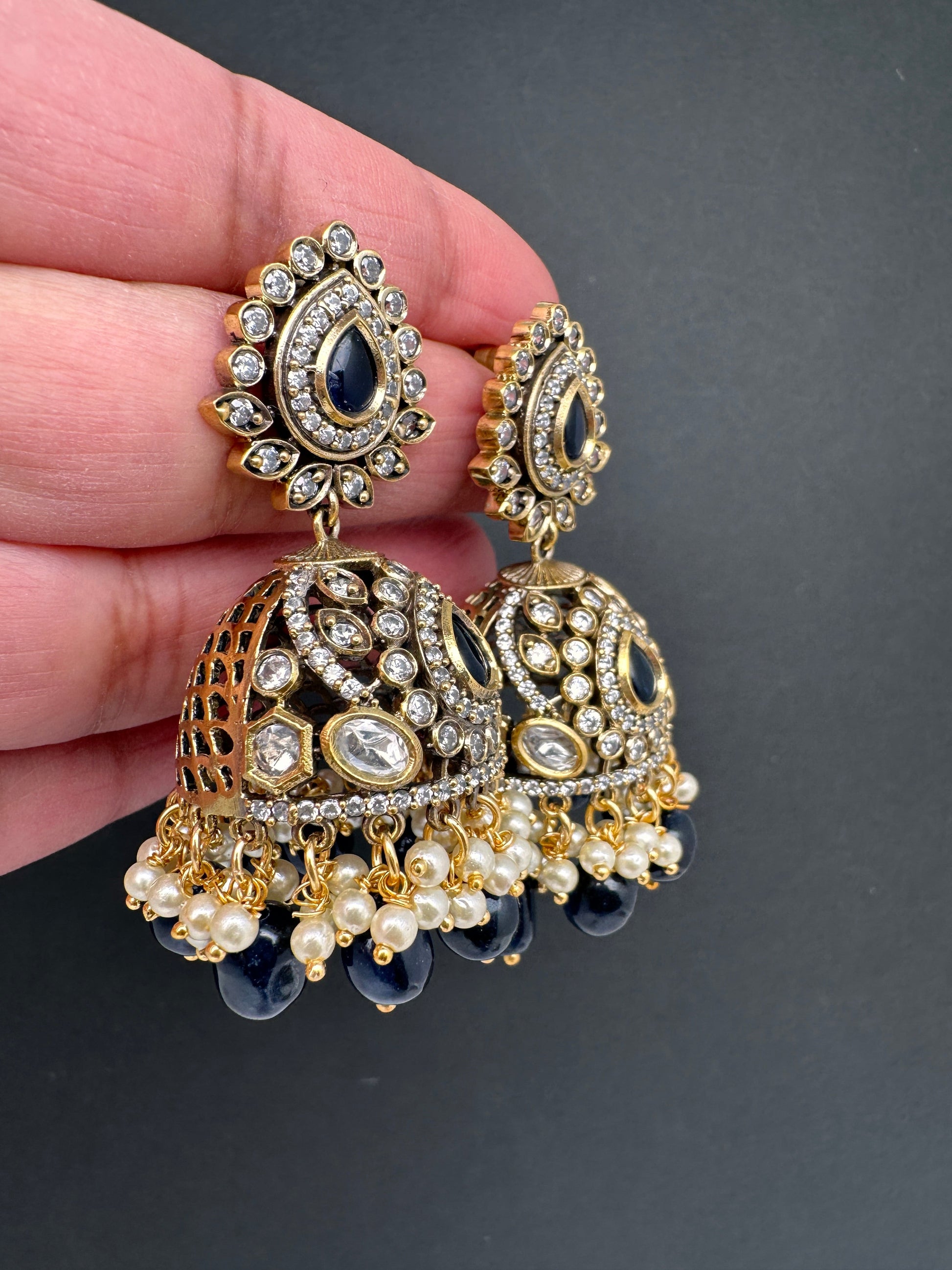 AD Color Stone Jhumki Earings - Blue