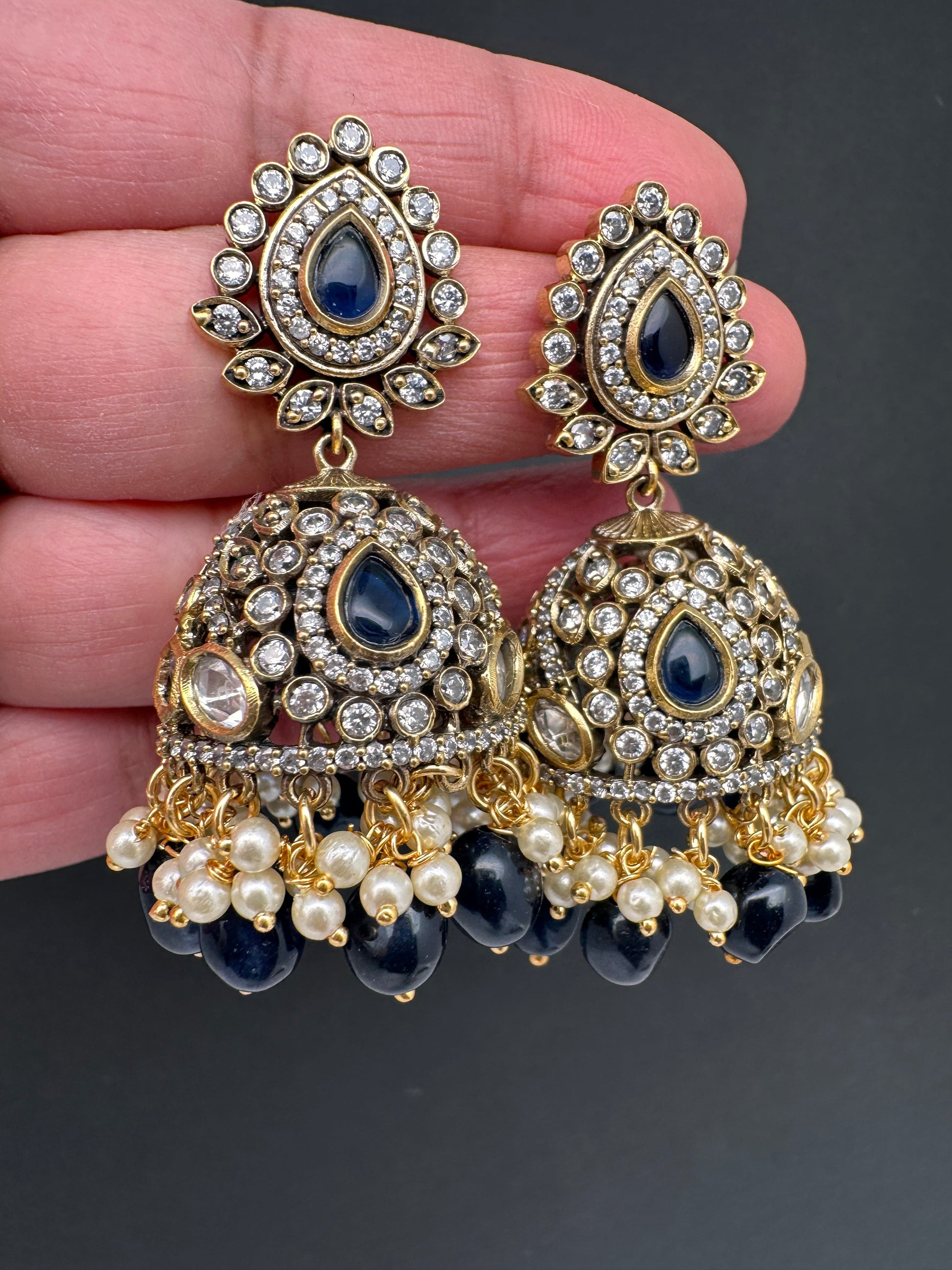 AD Color Stone Jhumki Earings - Blue