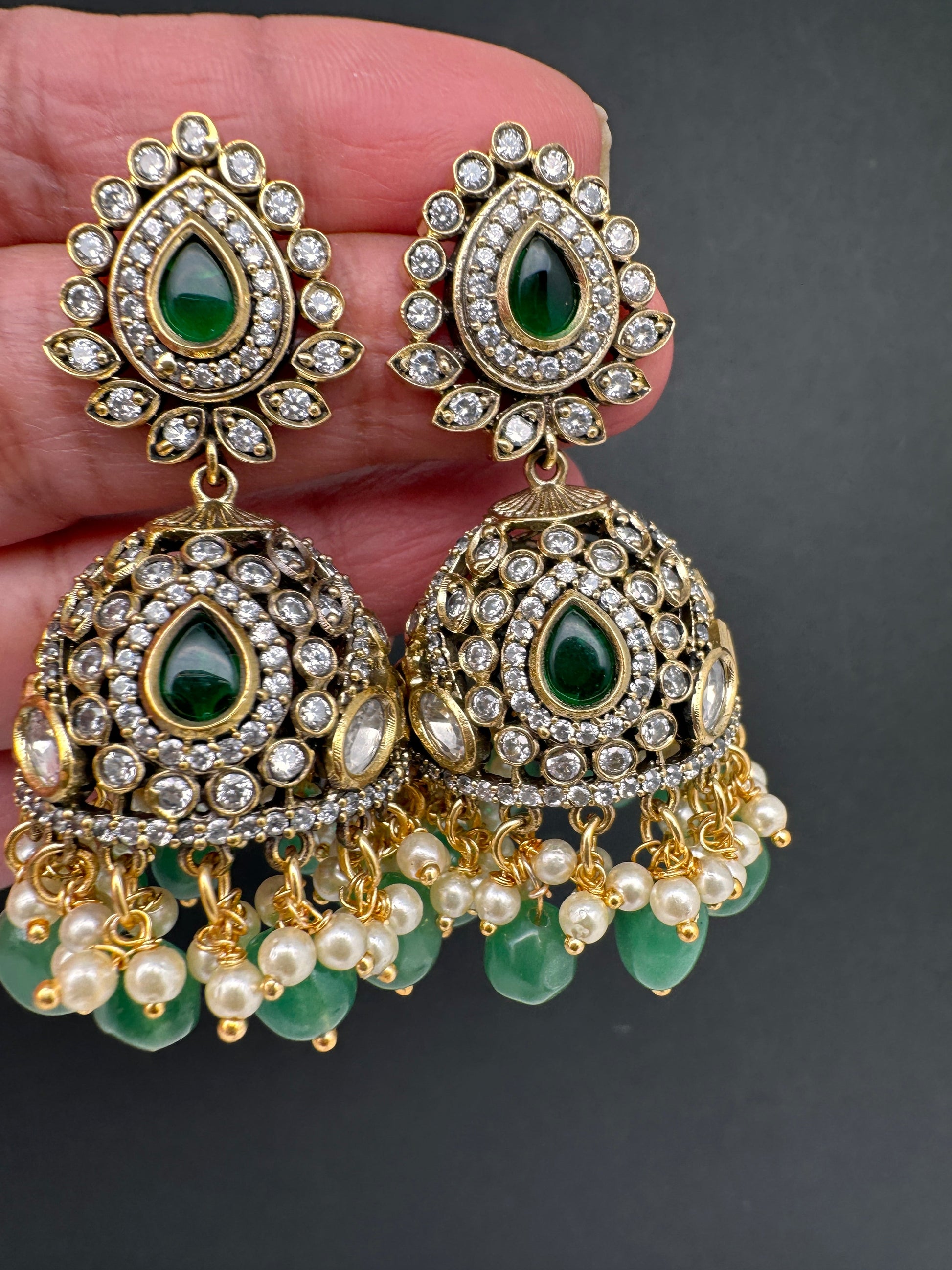 AD Color Stone Jhumki Earings - Green