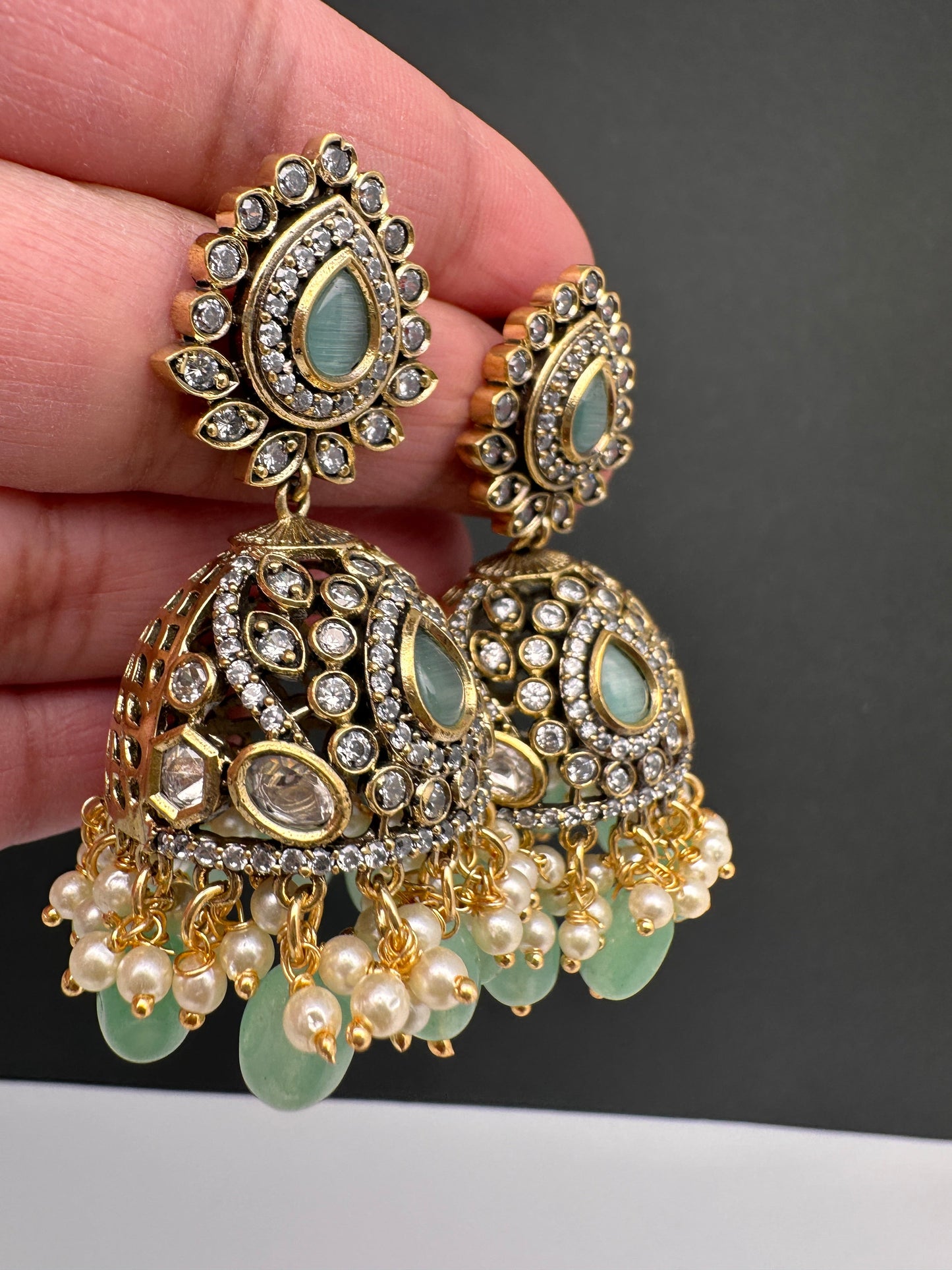 AD Color Stone Jhumki Earings - LightGreen
