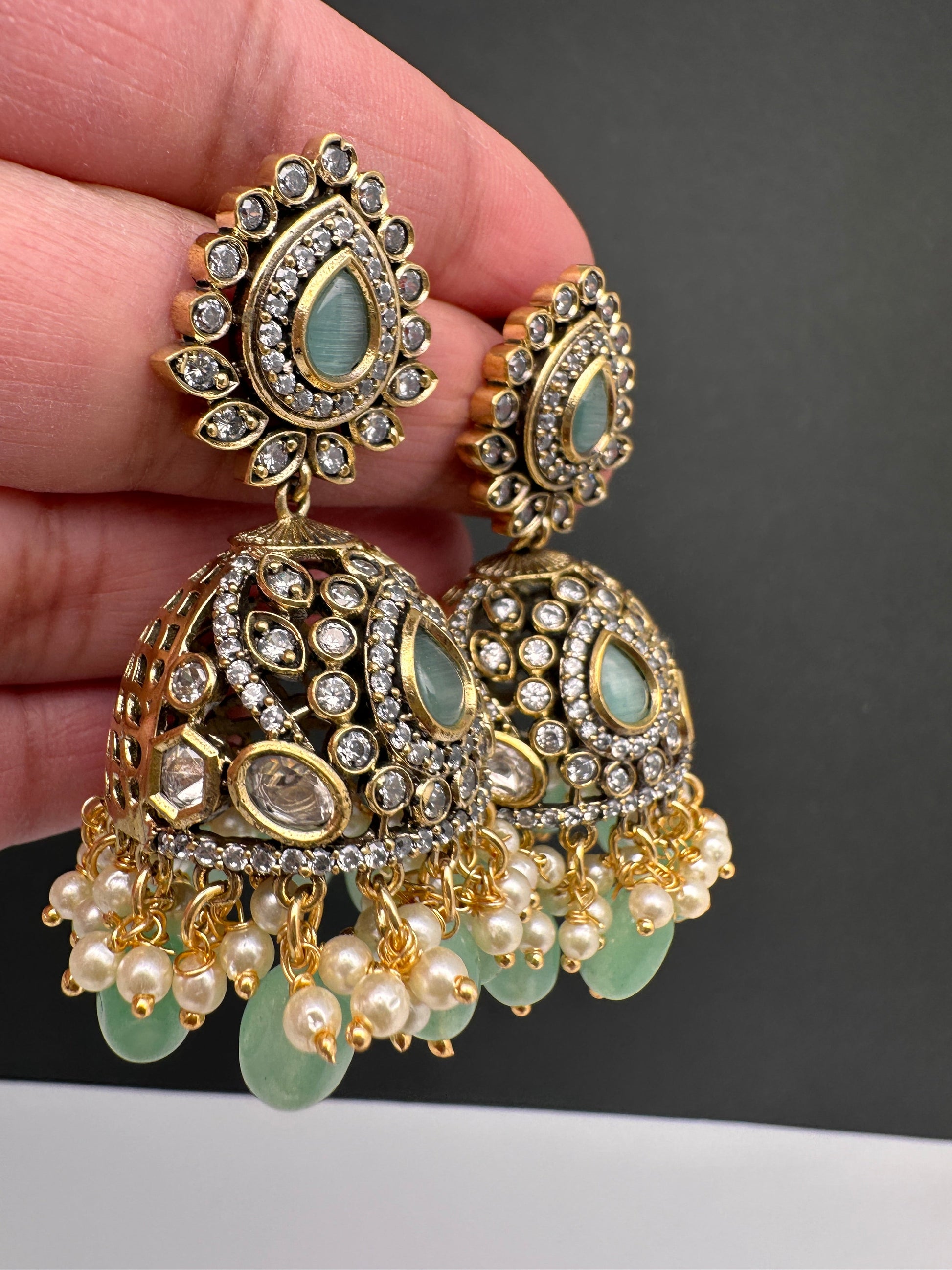 AD Color Stone Jhumki Earings - LightGreen