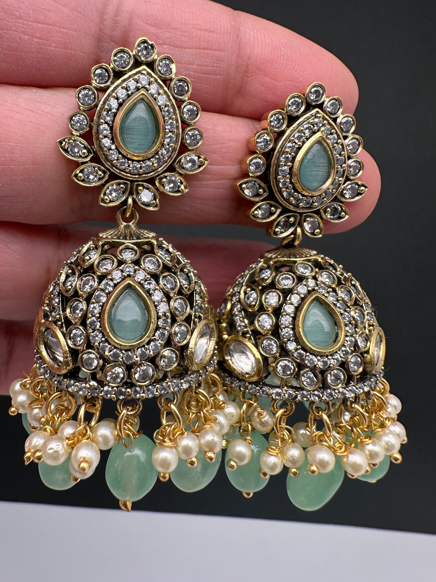 AD Color Stone Jhumki Earings - LightGreen