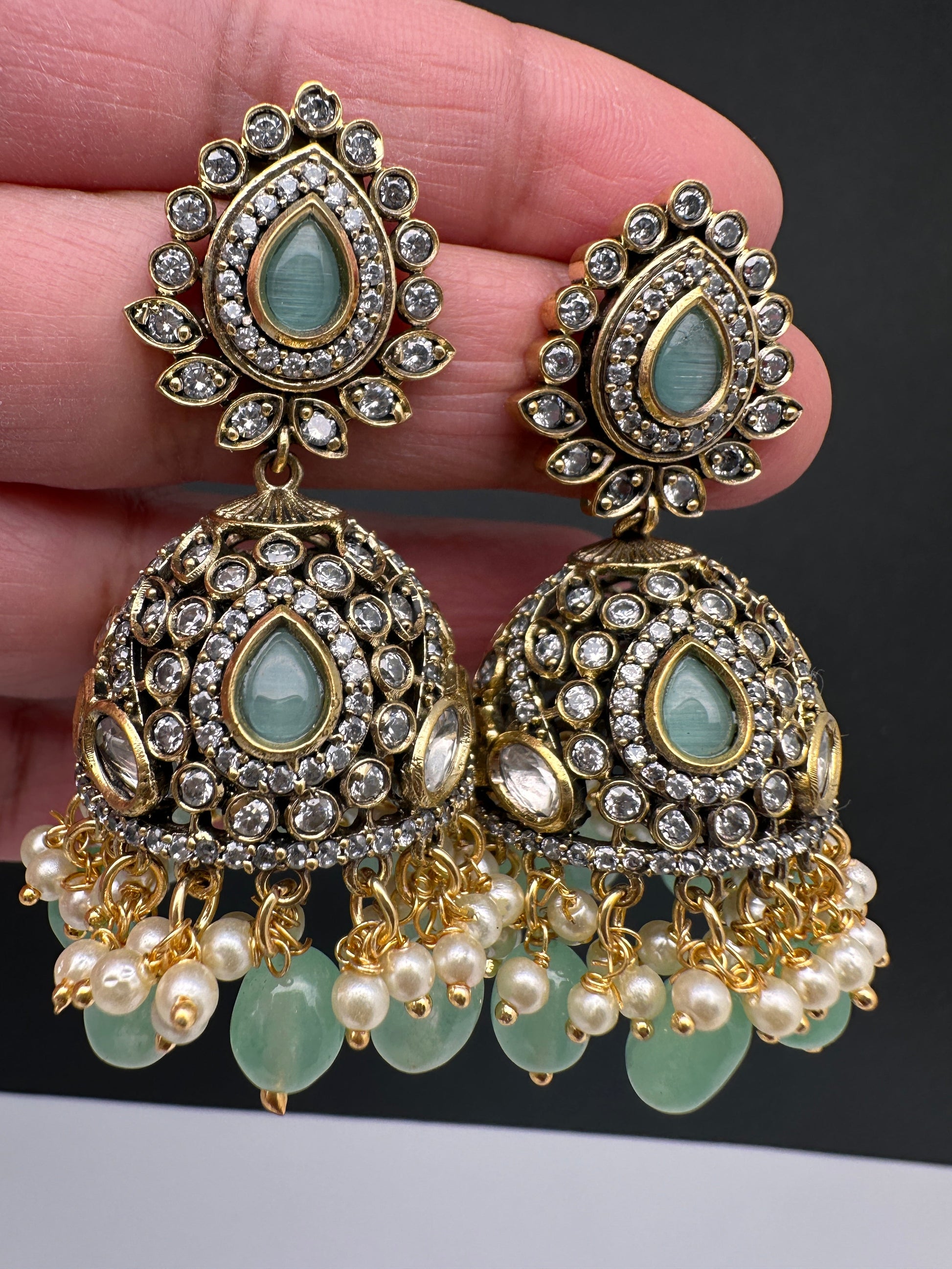 AD Color Stone Jhumki Earings - LightGreen