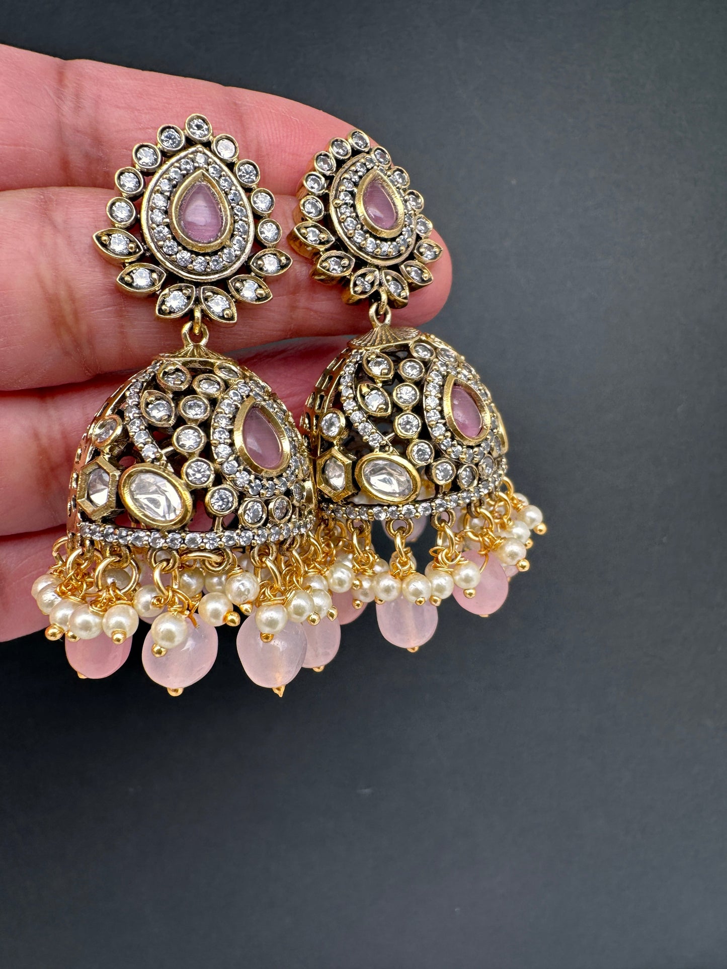 AD Color Stone Jhumki Earings - Pink
